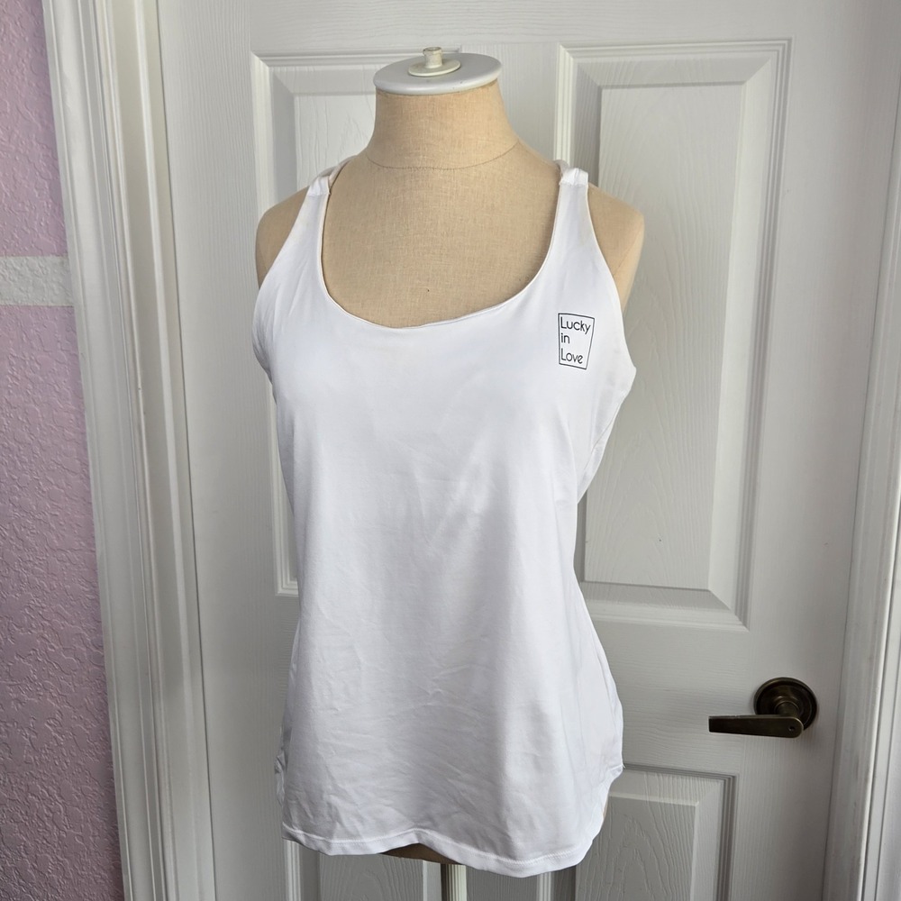 Lucky In Love Laser Macrame White Tank Women's Size L Racer Back Shelf Bra